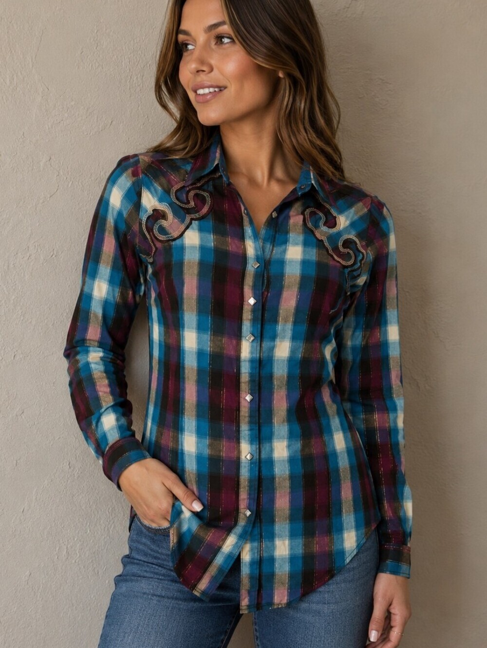 Vtg ROCK 47 1990s Plaid Metallic Long Sleeve Western Snap Shirt